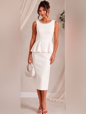 Glamour Nights Ivory Rhinestone Neck Peplum Sheath Dress Size 6 NWT